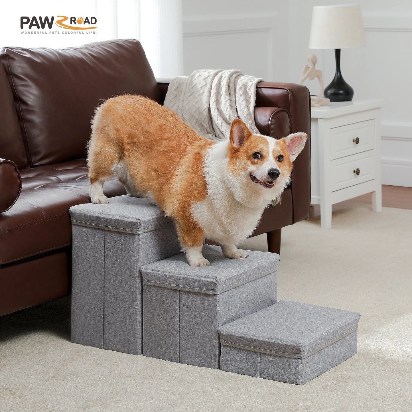 3 Tier Dog Stairs Foldable With Storage Box Non Slip Ramp