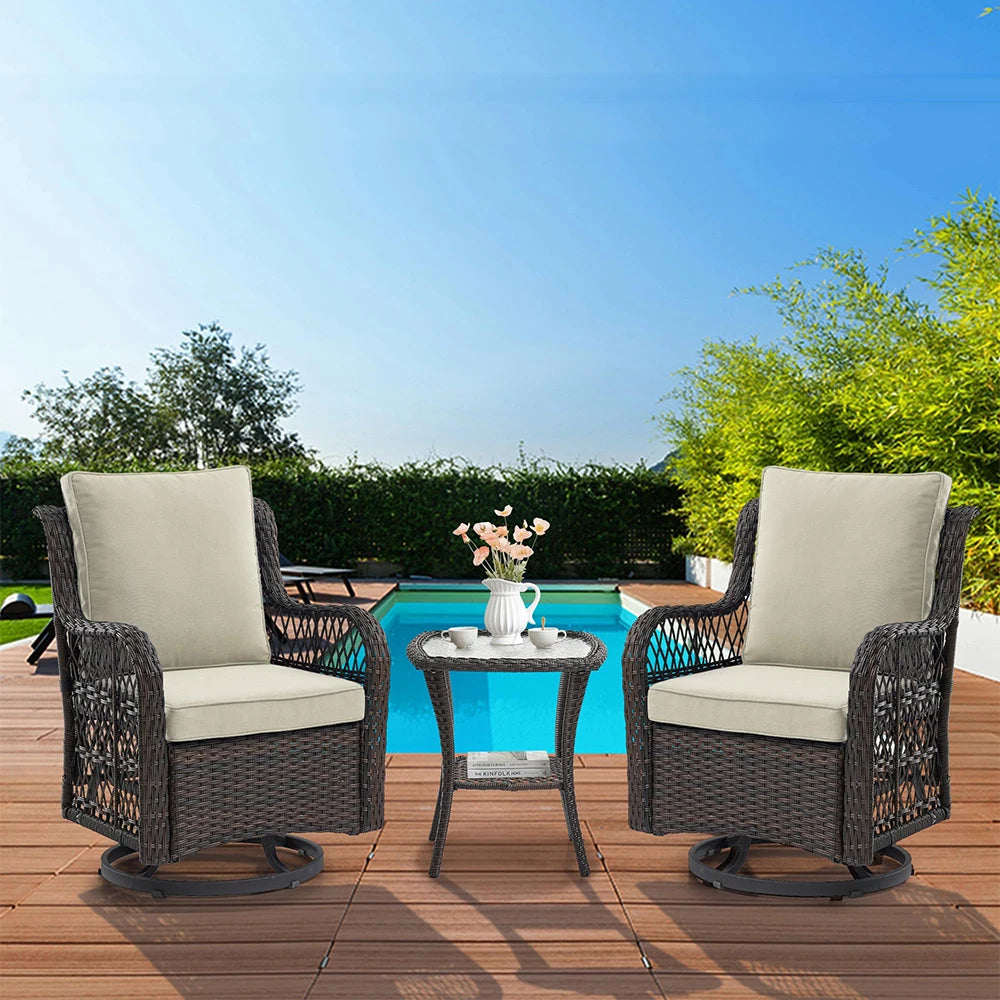 HiMISS 3-Piece Wicker Patio Set Swivel Rocking Chairs Glass Table