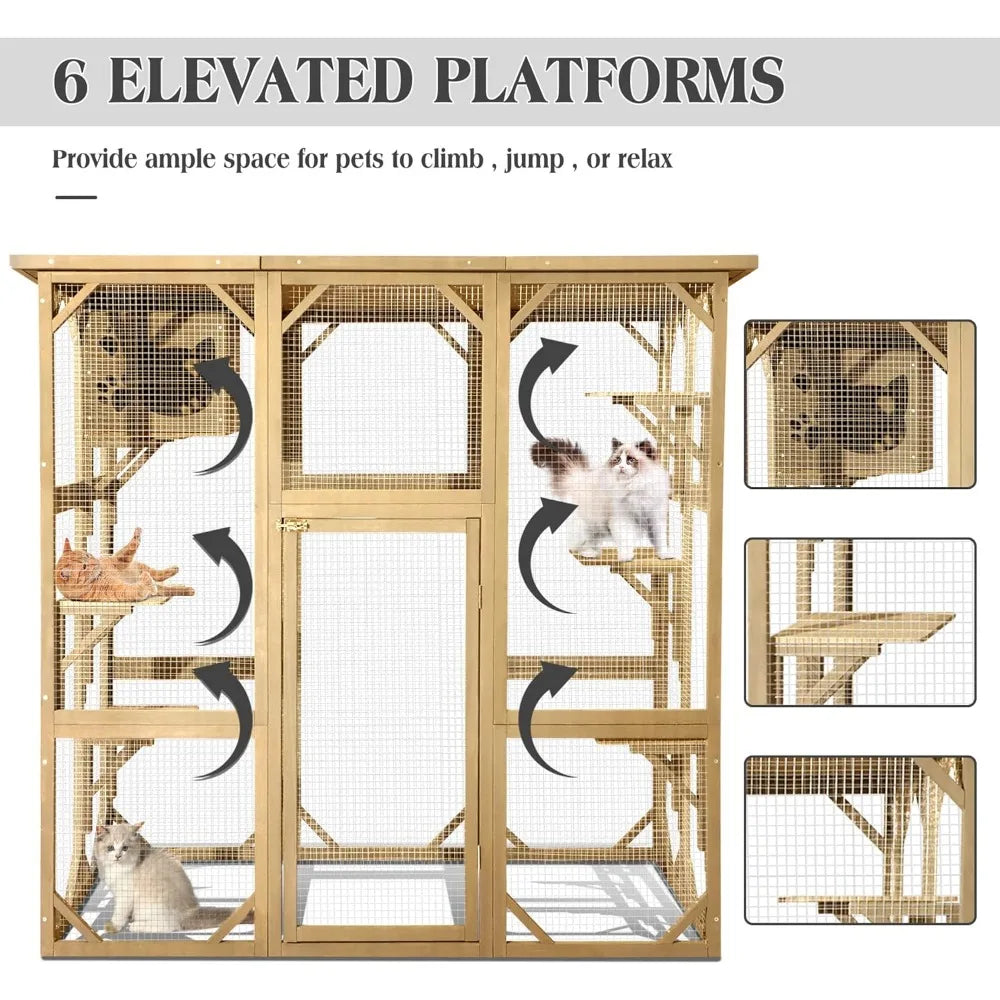 Large Wooden Catio Outdoor Cat Enclosure with 6 Platforms