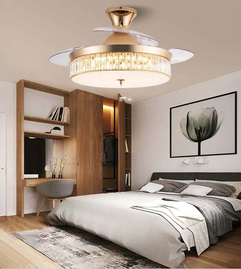 Retractable Ceiling Fan Light With Remote Crystal LED Chandelier
