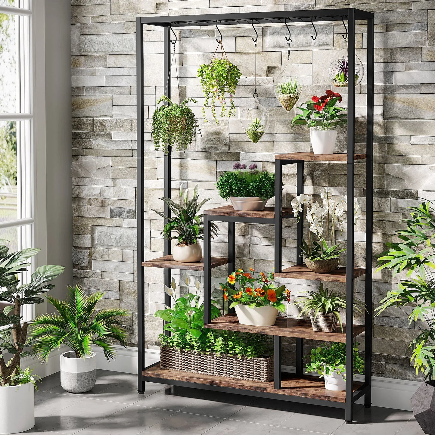 Tribesigns 5-Tier Indoor Plant Stand With Metal Shelf And Hooks