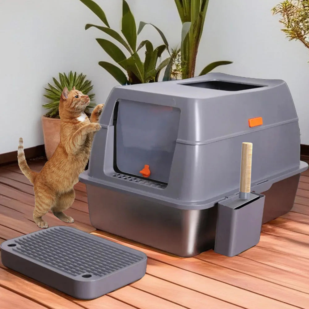 XXL Enclosed Stainless Steel Cat Litter Box with Lid