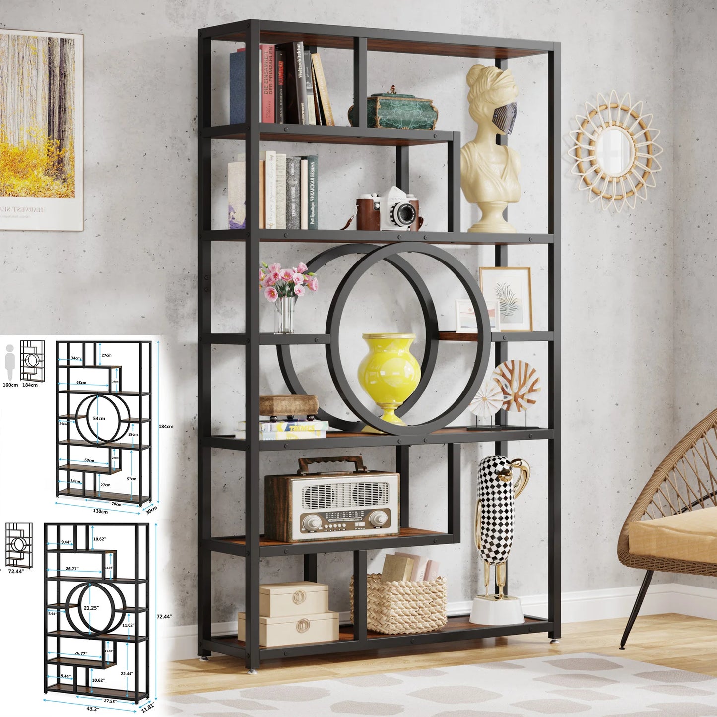Tribesigns 5 Tier Industrial Etagere Bookcase Freestanding Display Shelf