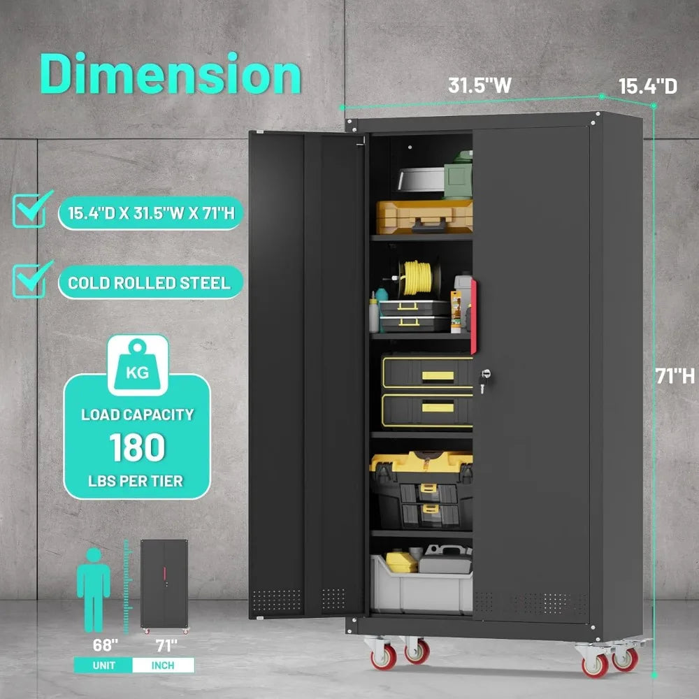 Heavy Duty Metal Garage Cabinet With Wheels And Adjustable Shelves