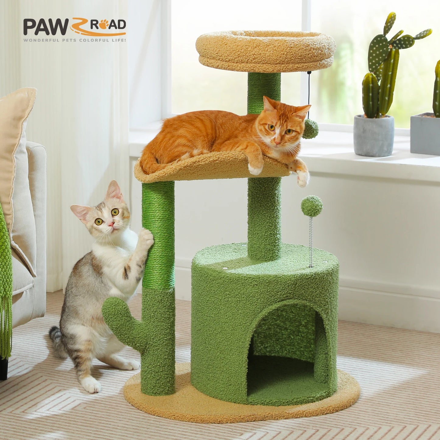 Cozy Cactus Cat Tree with Curved Perch and Scratching Post