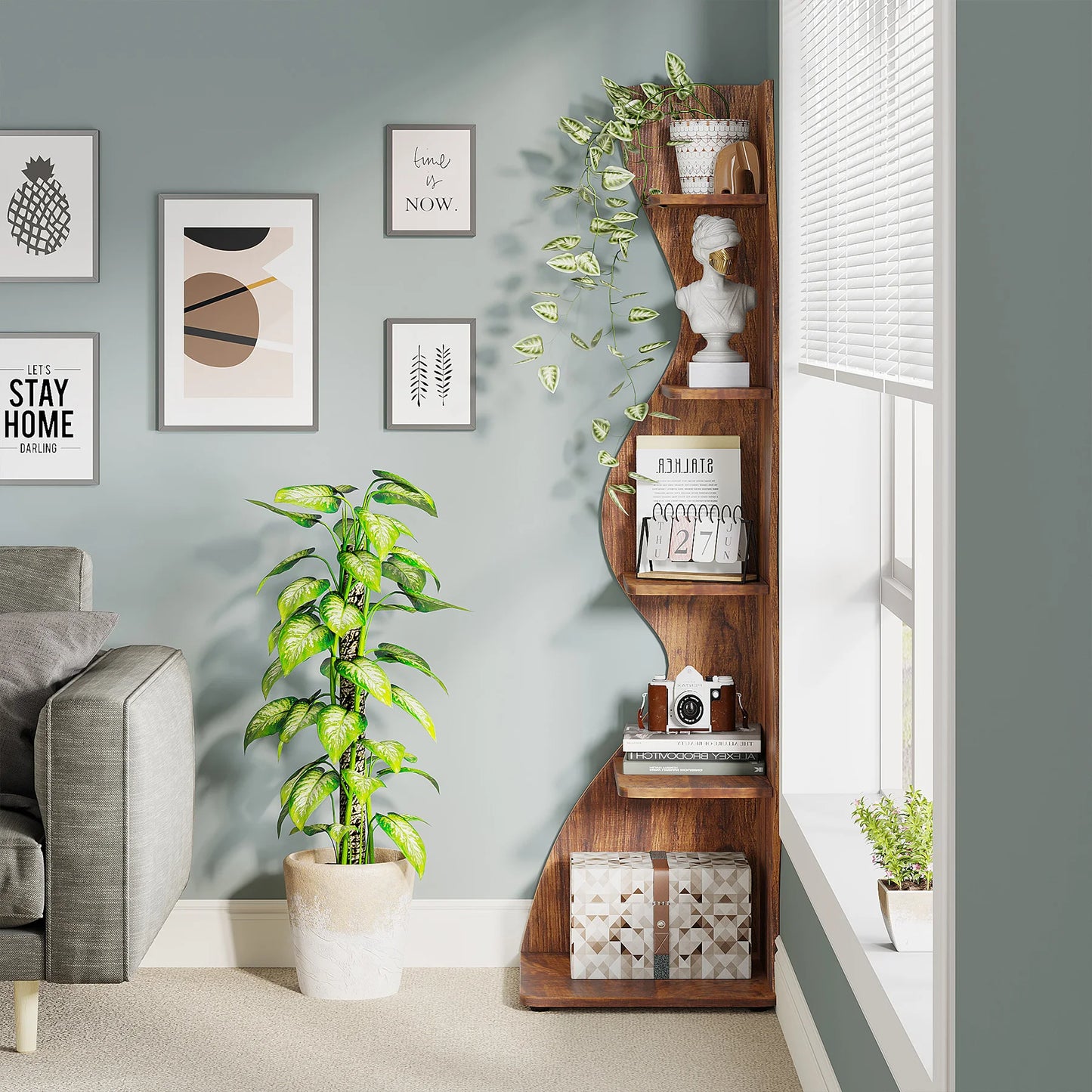 Tribesigns Rustic 5-Tier Corner Shelf Wall Bookcase Plant Stand