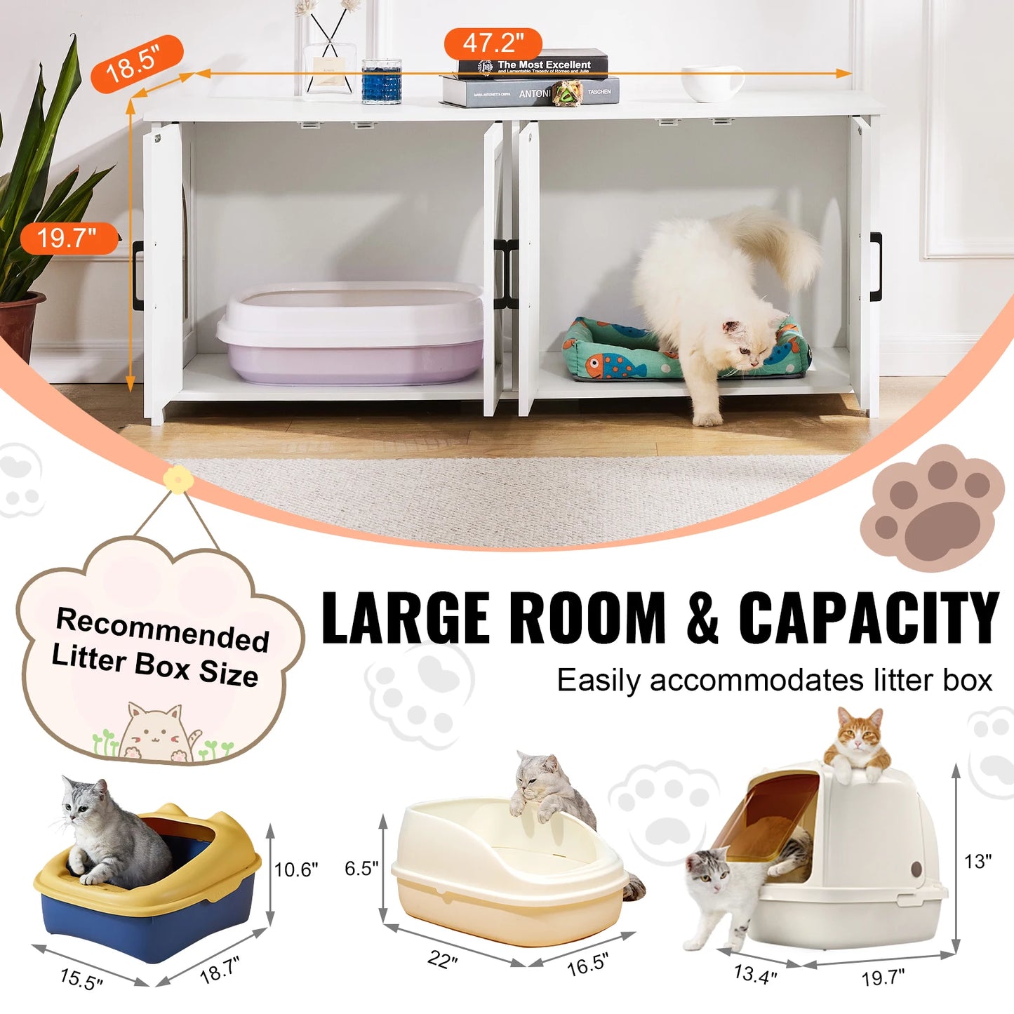 SucceBuy White Cat Litter Box Enclosure for Two Cats