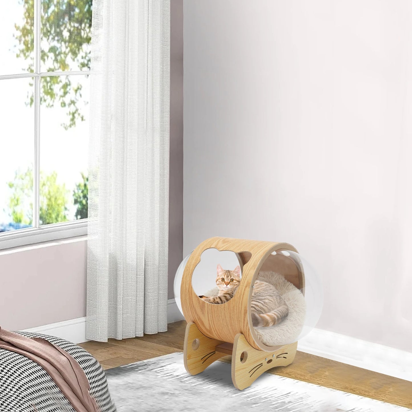 Modern Cat Wooden Bed House Space Capsule with Cushion