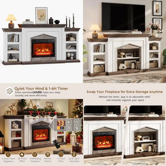 Rustic Farmhouse Fireplace TV Stand With Electric Heater For TVs