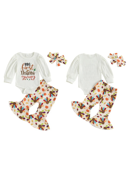 Thanksgiving Baby Girls Outfit Turkey Print Romper Headband