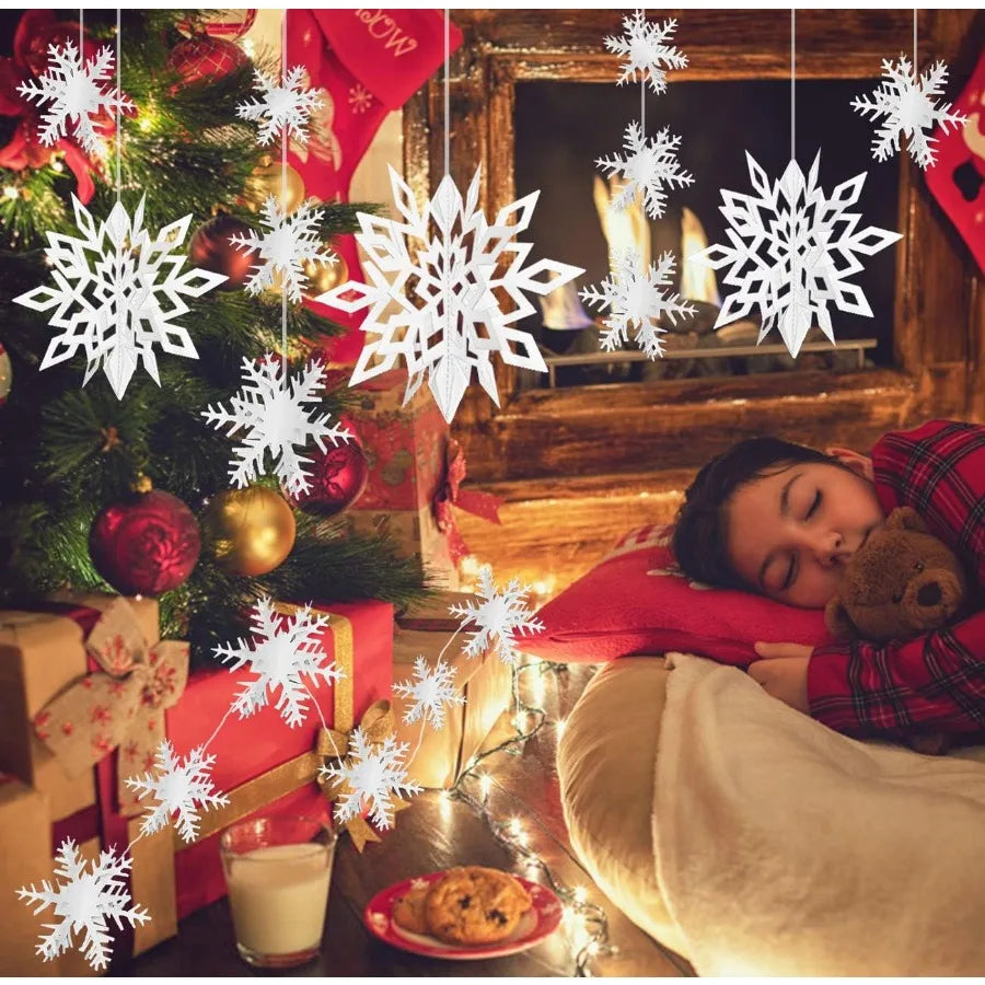 24Pcs 3D White Paper Snowflake Garland for Christmas Decor