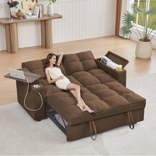 65 Inch Convertible Sleeper Sofa Bed with Chaise and USB Ports