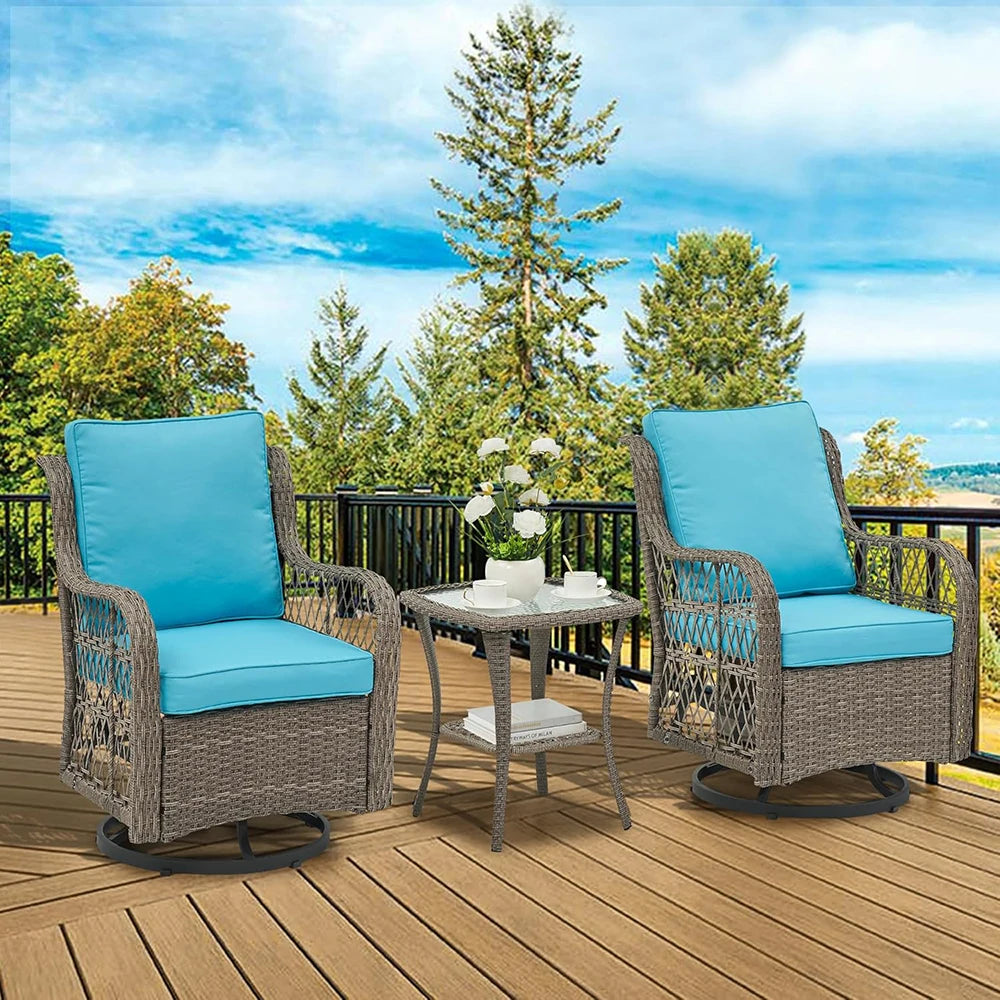 HiMISS 3-Piece Wicker Patio Set Swivel Rocking Chairs Glass Table