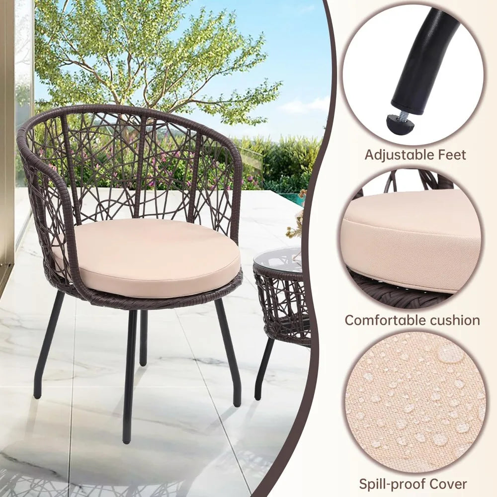 Boho 3 Piece Wicker Bistro Set with Washable Cushions