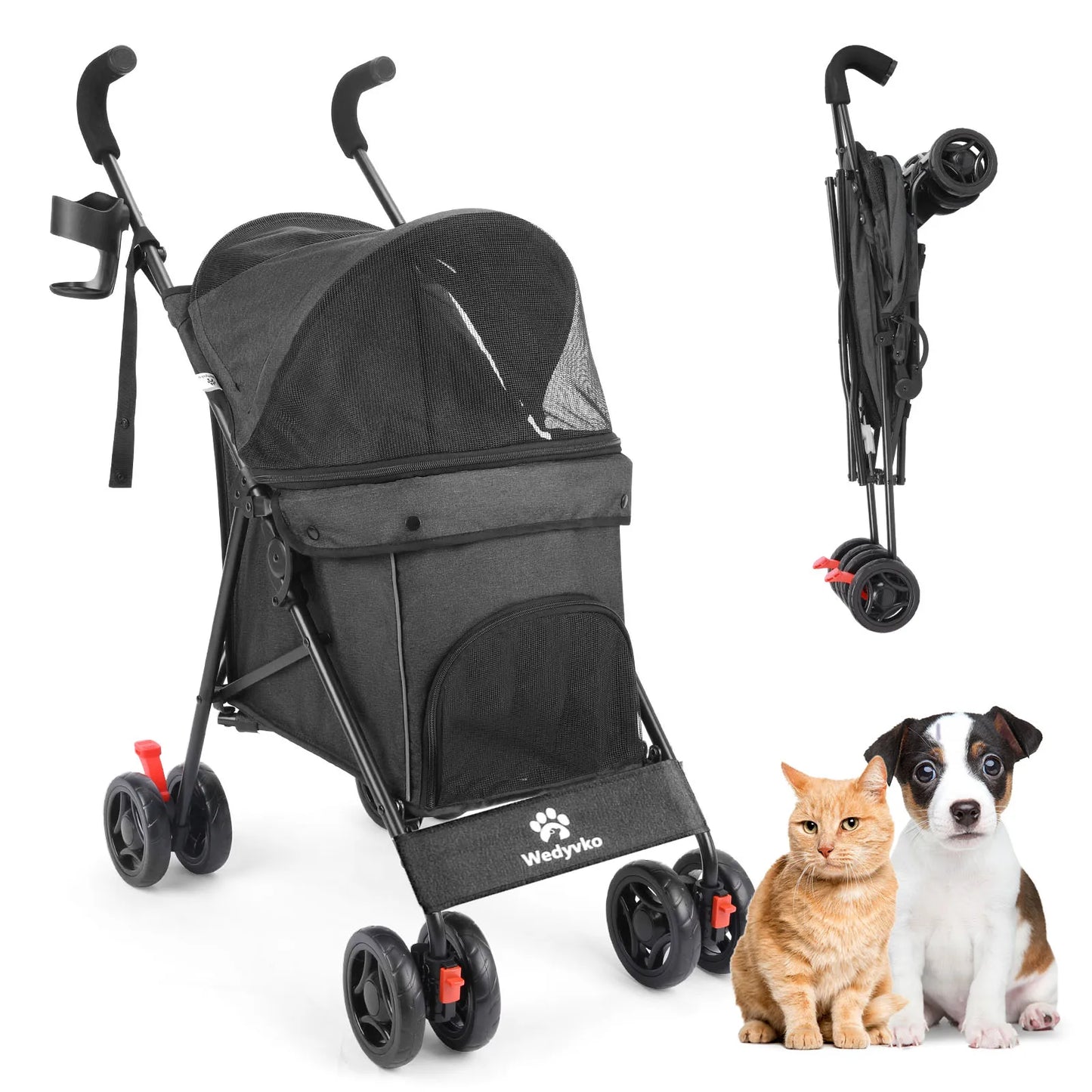 Wedyvko Pet Dog Stroller Four Wheel With Brakes And Storage