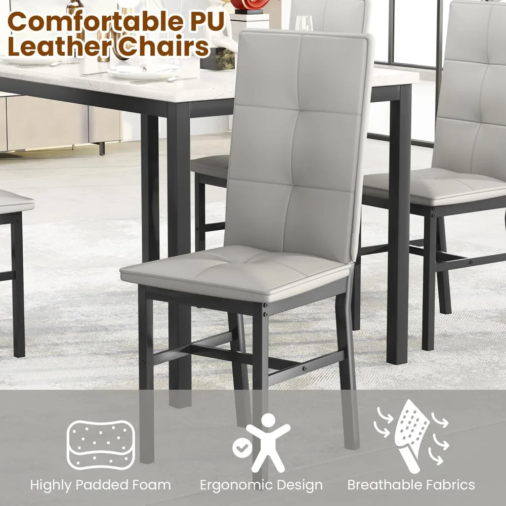 Modern Artificial Marble Dining Table With PU Leather Chairs Set