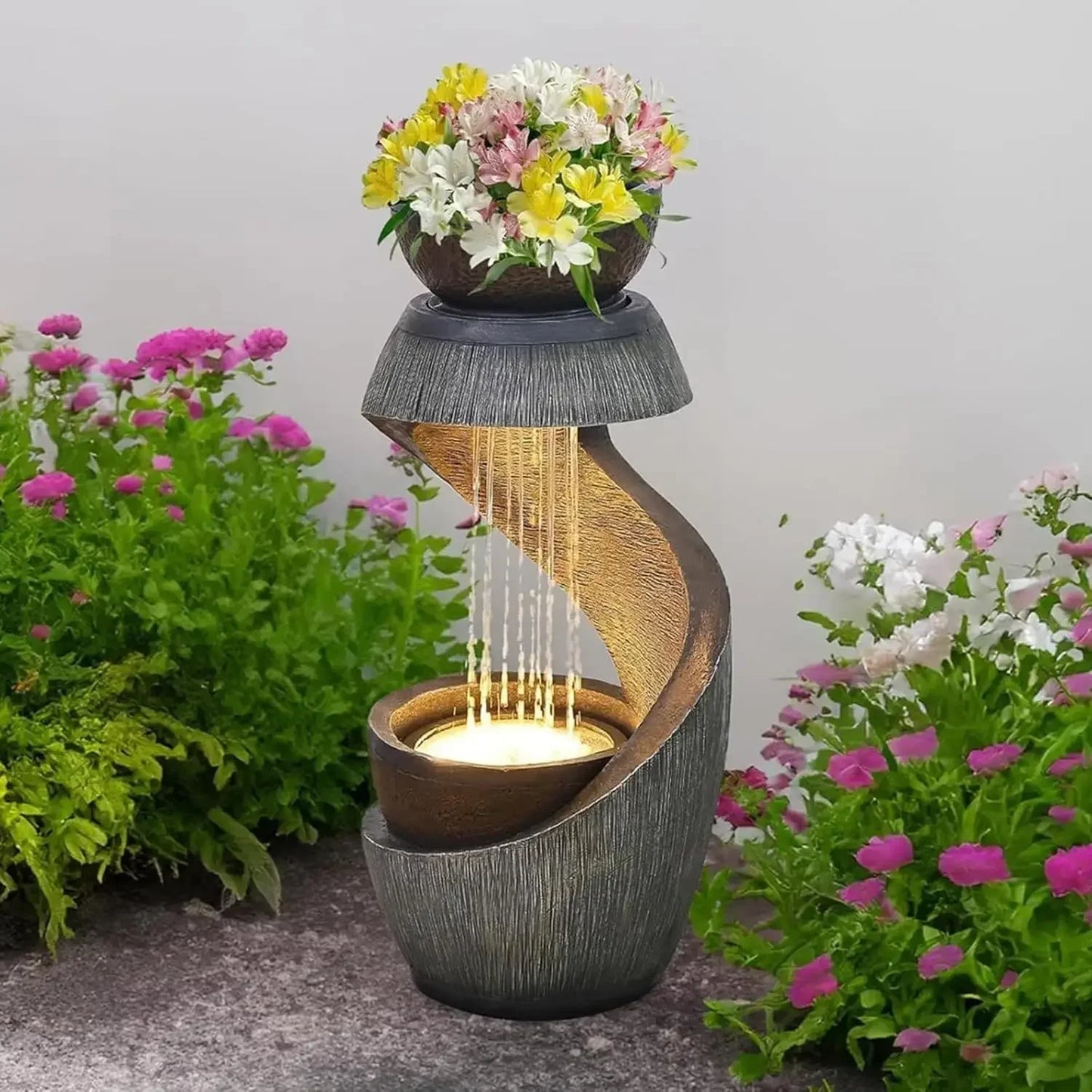 S Shaped Outdoor Water Fountain With LED Lights Planter Bowl