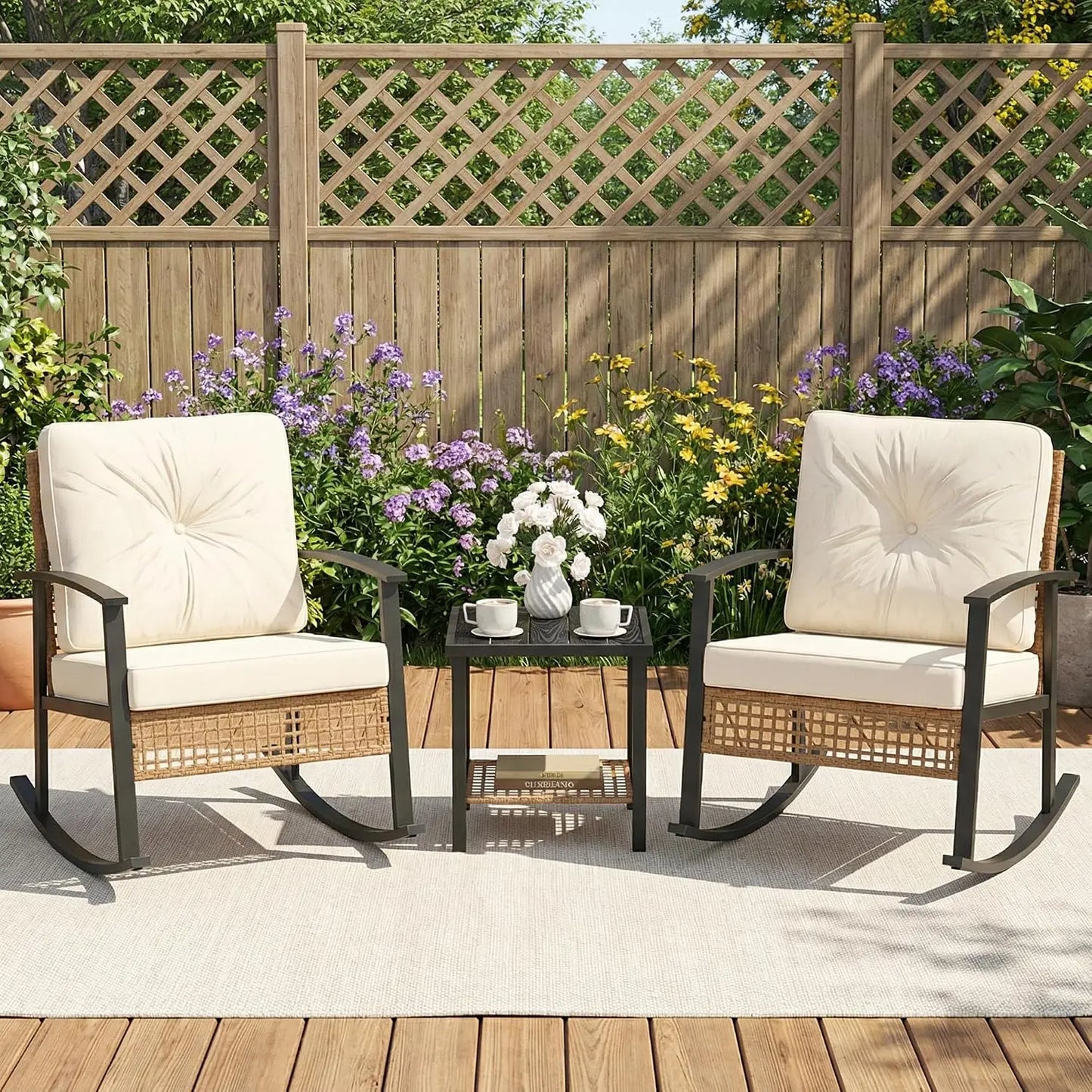 Three Piece Rocking Bistro Rattan Chairs With Cushions And Table