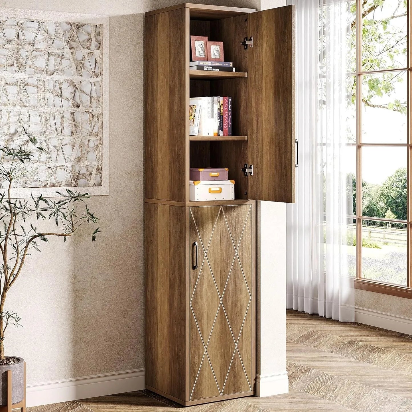 Little Tree Farmhouse Pantry Cabinet With Doors And Shelves