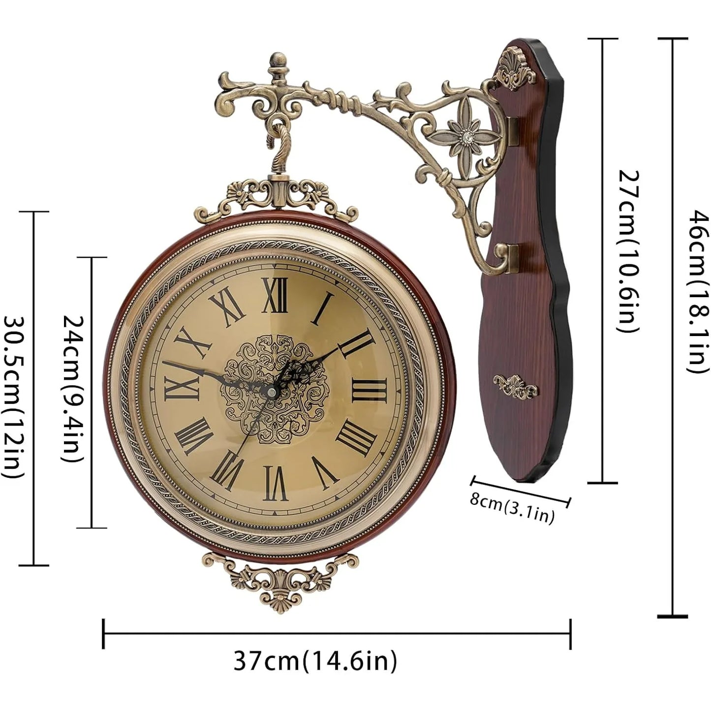 Double Sided Rotating Wall Clock European Alloy Style
