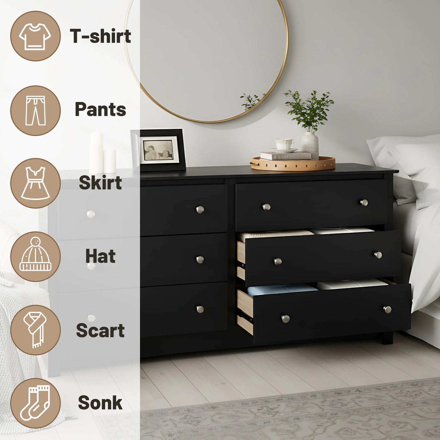 JHK Six Drawer Wood Dresser Cabinet For Living Room Storage