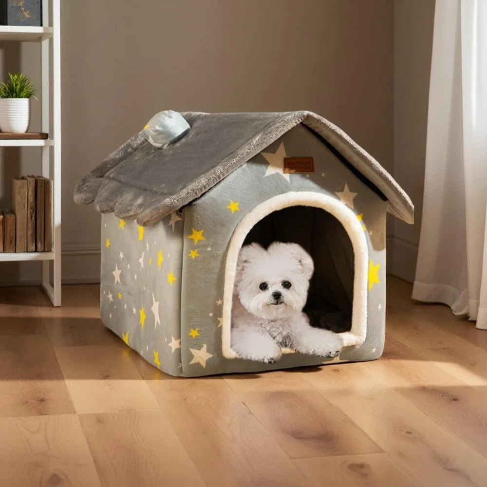 Foldable Dog House Bed With Warm Plush Nest And Cushion