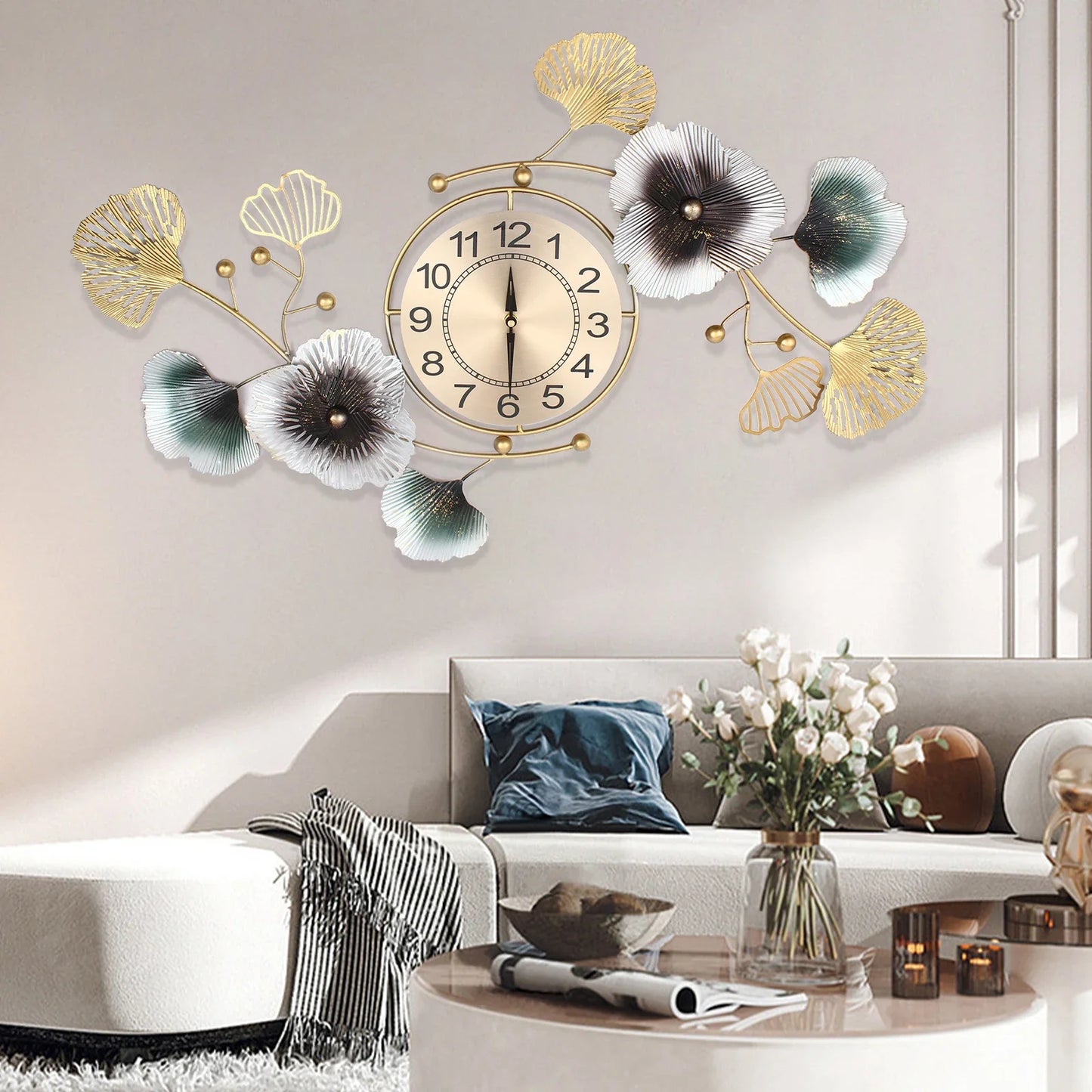 Ginkgo Leaf Metal Wall Clock 90x45cm Modern Quartz Movement