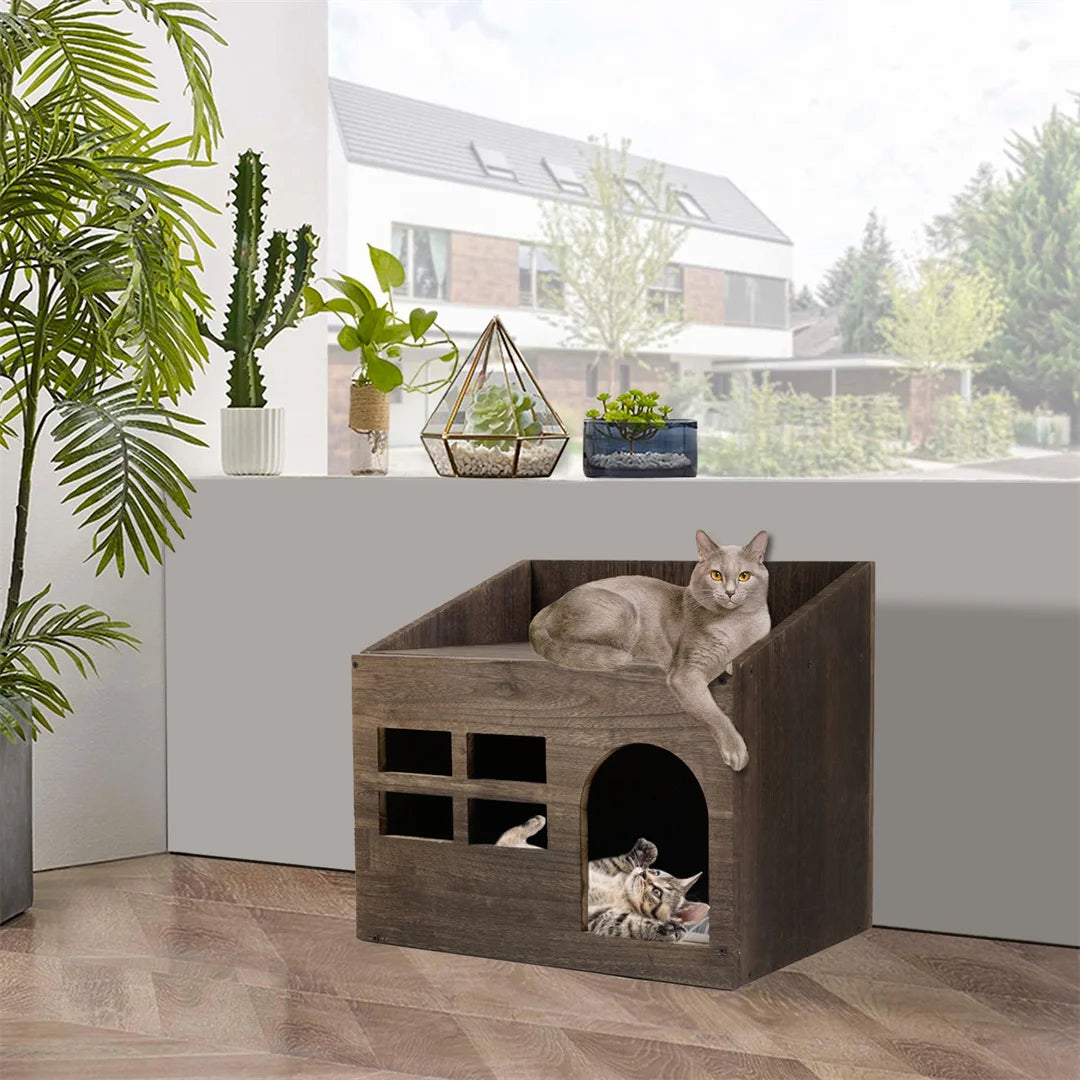 Wooden Cat Cave Bed with Cushion for Indoor Cats