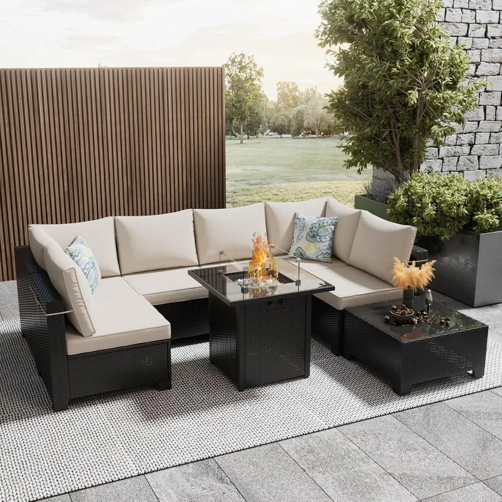 8 Piece Outdoor Sectional Rattan Sofa Set With Gas Fire Pit