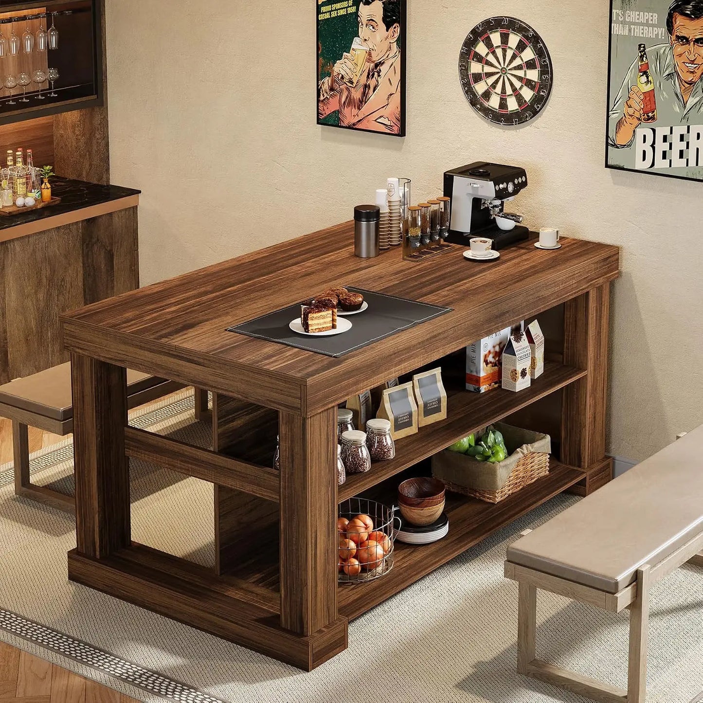 55 Inch Farmhouse Kitchen Island With Storage And Seating