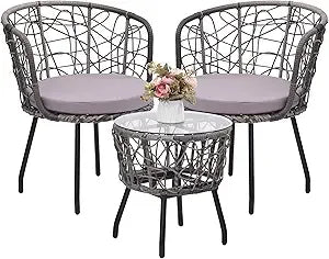 Boho 3 Piece Wicker Bistro Set with Washable Cushions