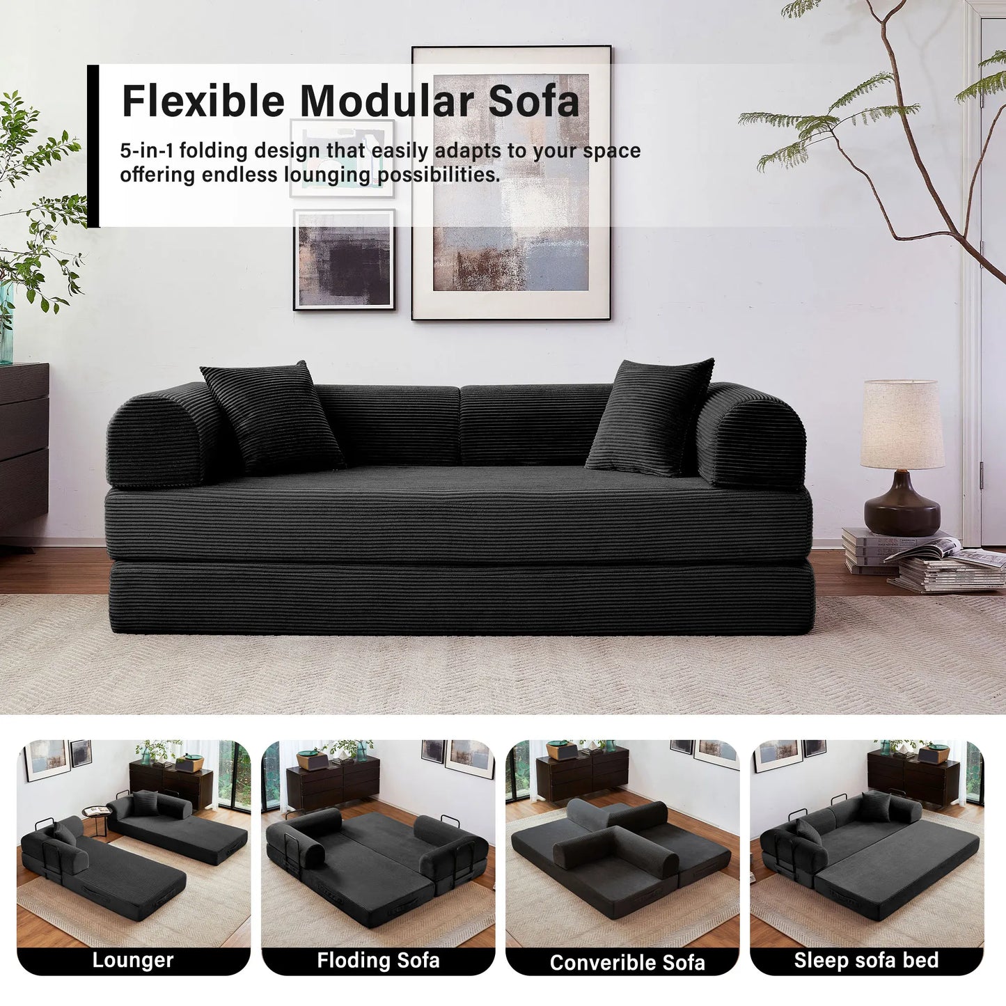 Foldable Convertible Futon Sofa Bed With L Shape Armrests