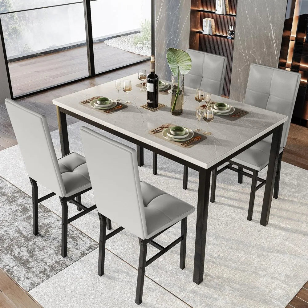 Modern Artificial Marble Dining Table With PU Leather Chairs Set
