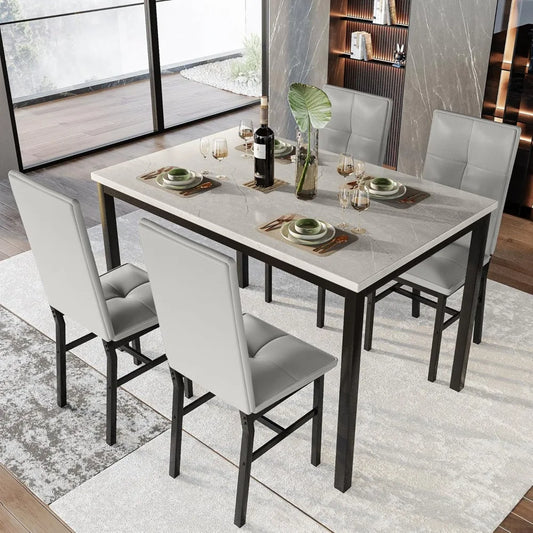 Modern Artificial Marble Dining Table With PU Leather Chairs Set