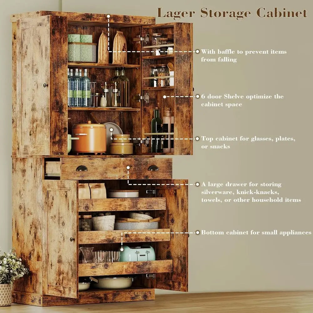 Ironck Freestanding Kitchen Pantry Cabinet With Drawer And Sliding Storage