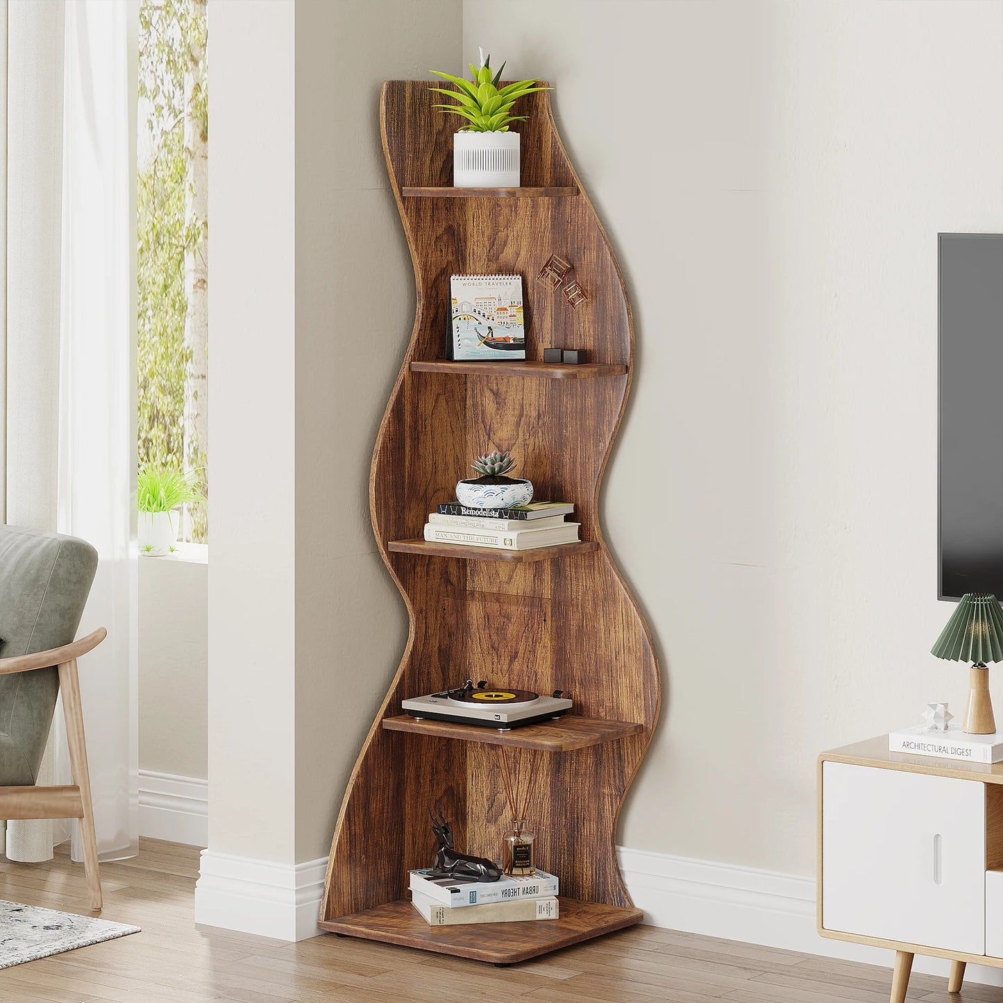 Tribesigns Rustic 5-Tier Corner Shelf Wall Bookcase Plant Stand