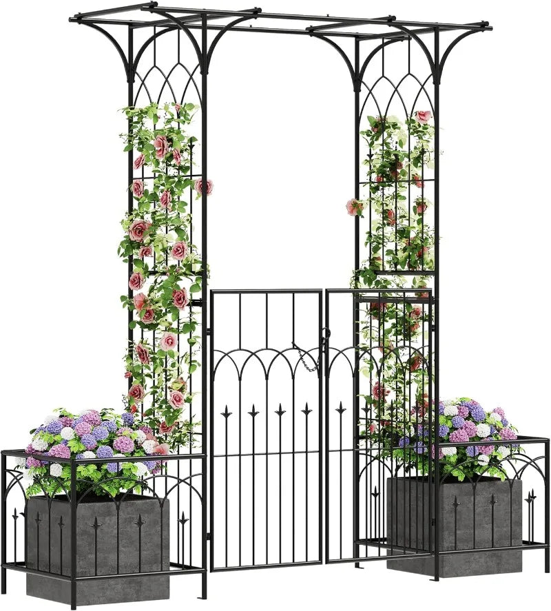 81" H Garden Arch and Arbor with Gate, Black Arch with Planter Boxes for Climbing Plants Outdoor, Wedding Ceremony Archway