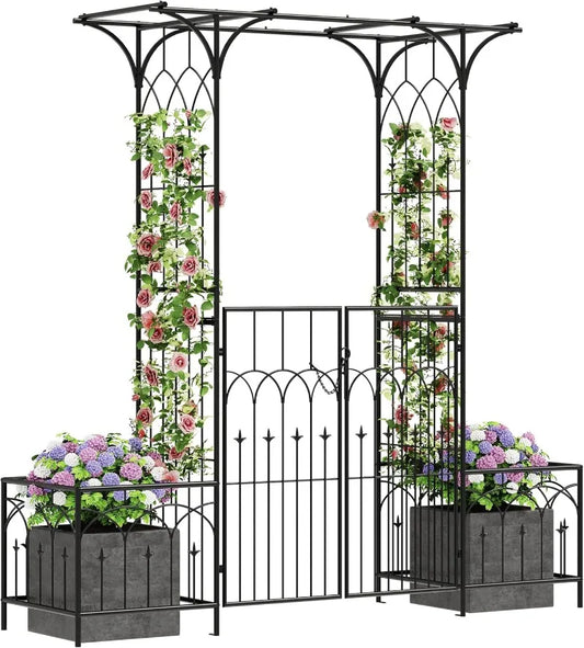 81" H Garden Arch and Arbor with Gate, Black Arch with Planter Boxes for Climbing Plants Outdoor, Wedding Ceremony Archway