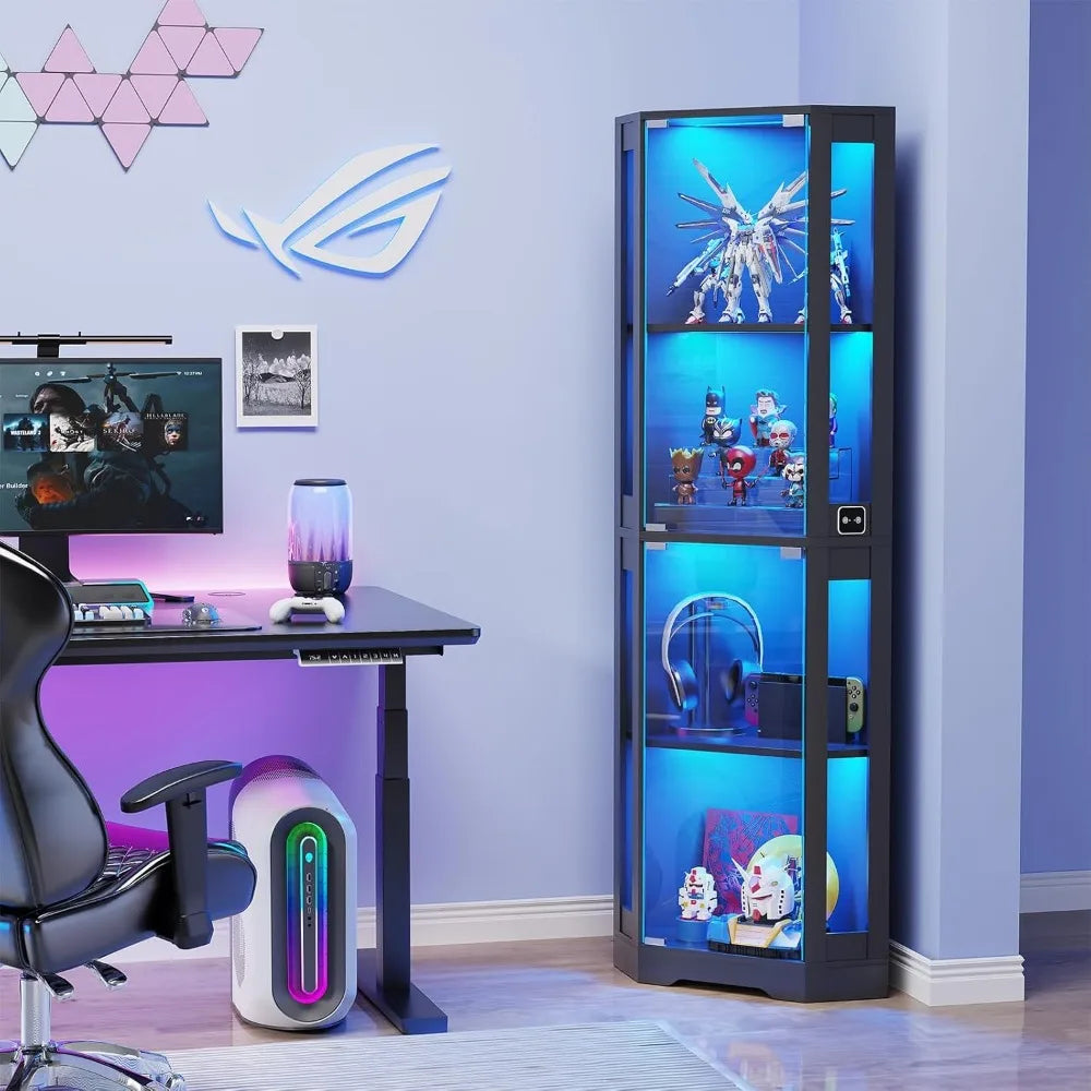 65 Inch Corner Glass Display Cabinet With LED Lights 4 Tier