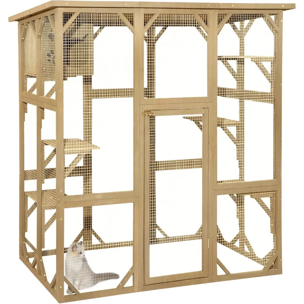 Large Wooden Catio Outdoor Cat Enclosure with 6 Platforms