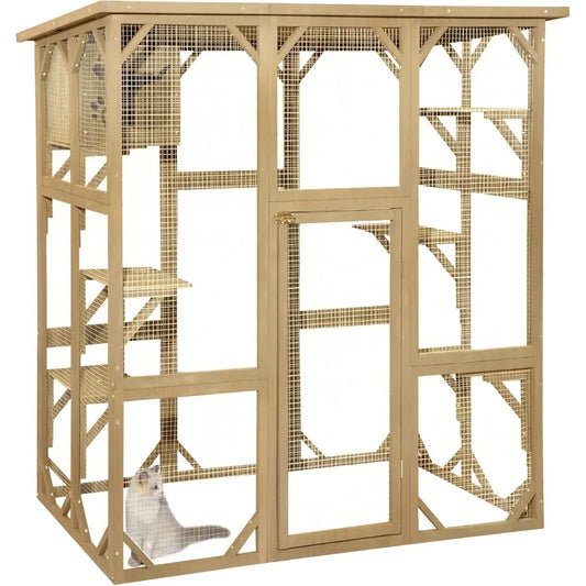 Large Wooden Catio Outdoor Cat Enclosure with 6 Platforms