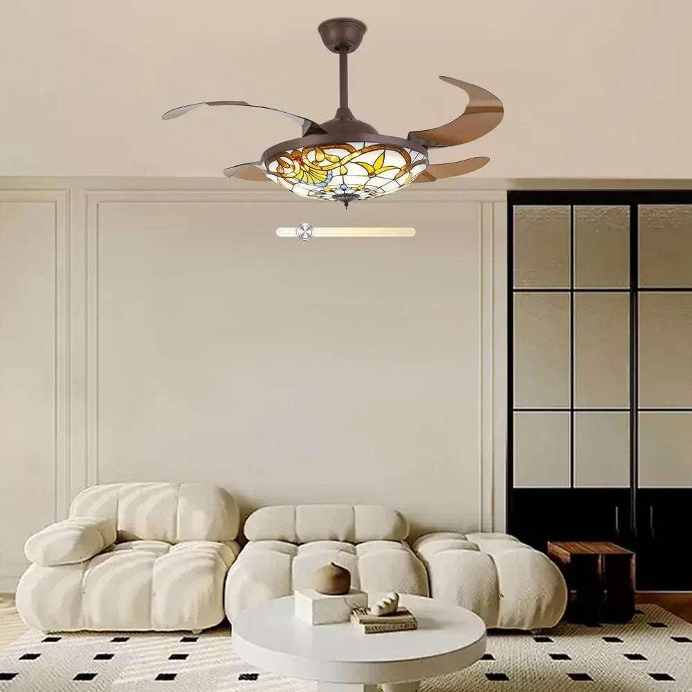 Tiffany Style Ceiling Fan With LED Light And Remote Control