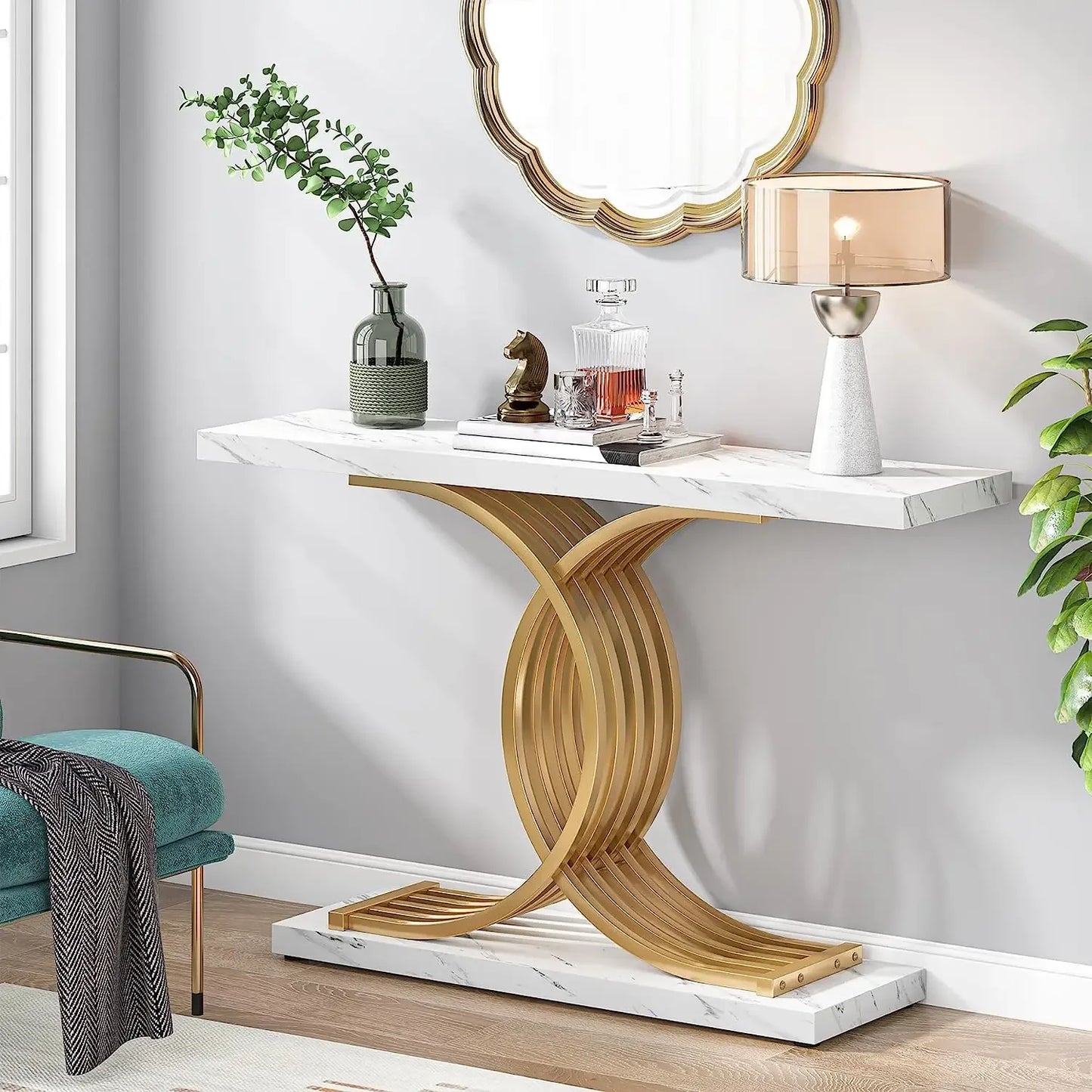 Tribesigns Modern Gold Entryway Table with Faux Marble Top