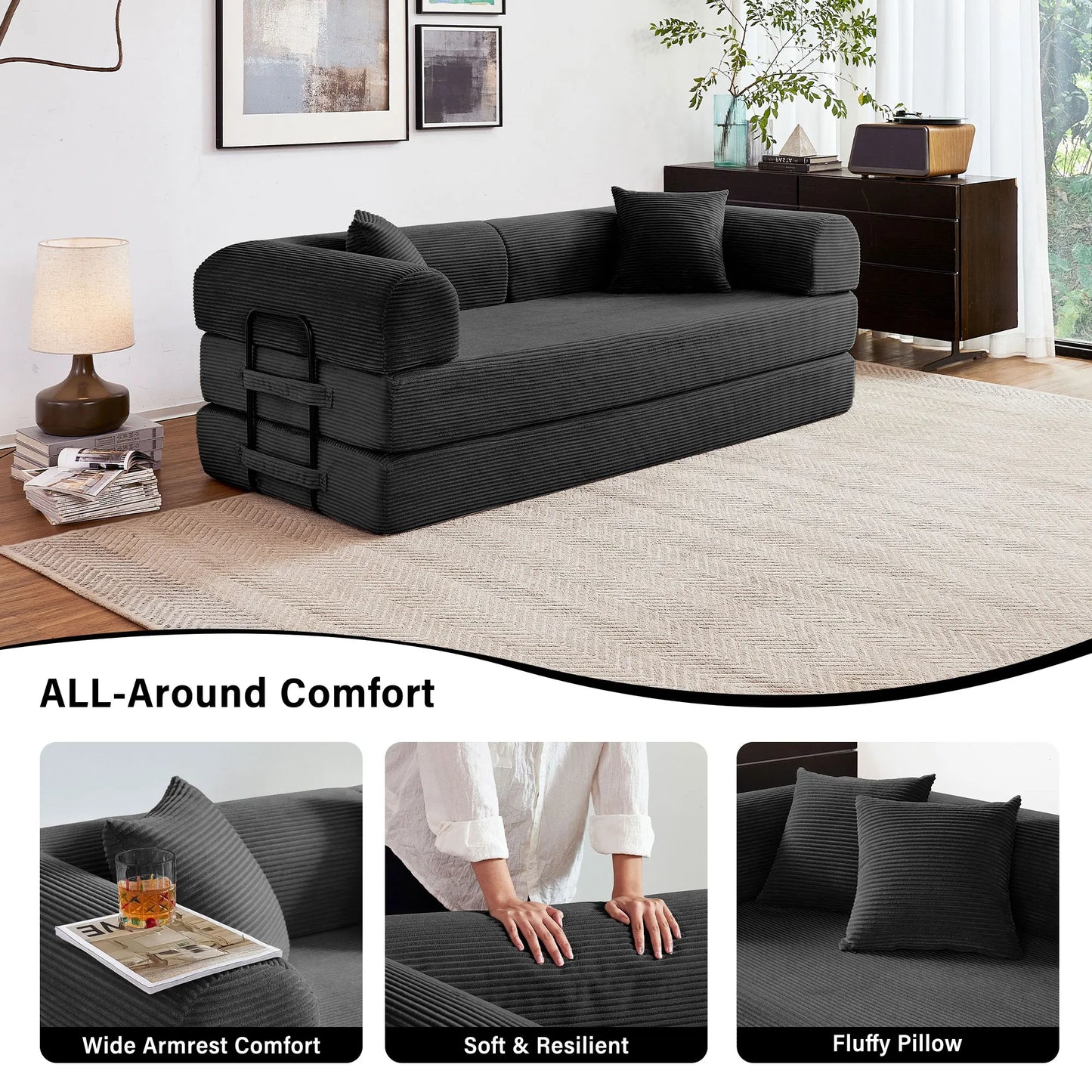 Foldable Convertible Futon Sofa Bed With L Shape Armrests