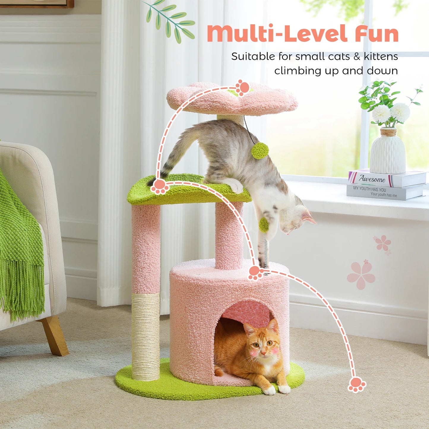 Cozy Cactus Cat Tree with Curved Perch and Scratching Post