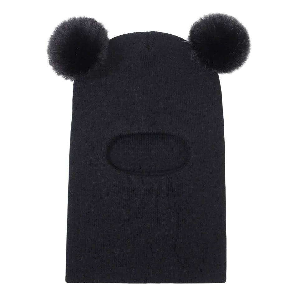 Kids Double Ball Ear Protection Knit Balaclava Hat