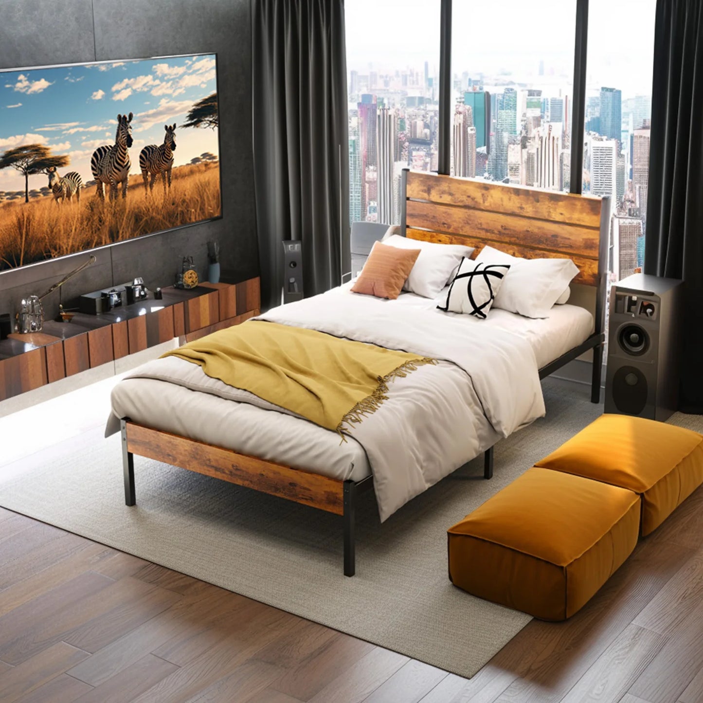 JHK Queen Size Metal Platform Bed Frame With Sturdy Slats