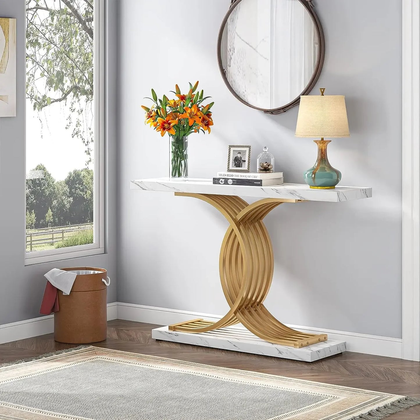 Tribesigns Gold Console Table with Faux Marble Top