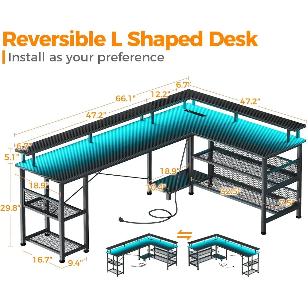 66 Inch L Shaped Gaming Desk With Power Outlet And LEDs