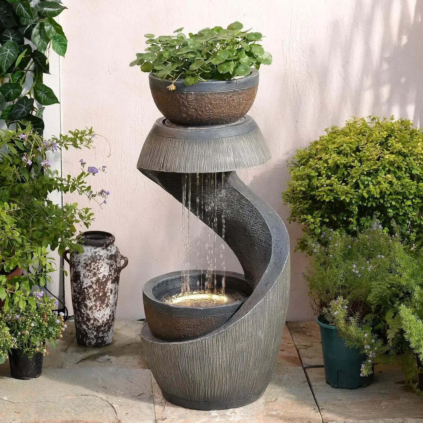 S Shaped Outdoor Water Fountain With LED Lights Planter Bowl